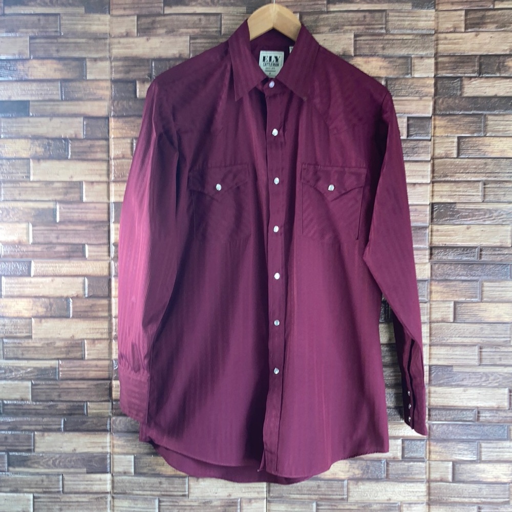 Mens Medium Ely Cattleman Burgundy Pearl Snap Western Button Down